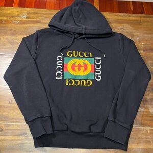 Gucci Logo Black Pullover Hoodie – Men’s Size L – Distressed Print – Missing Tag